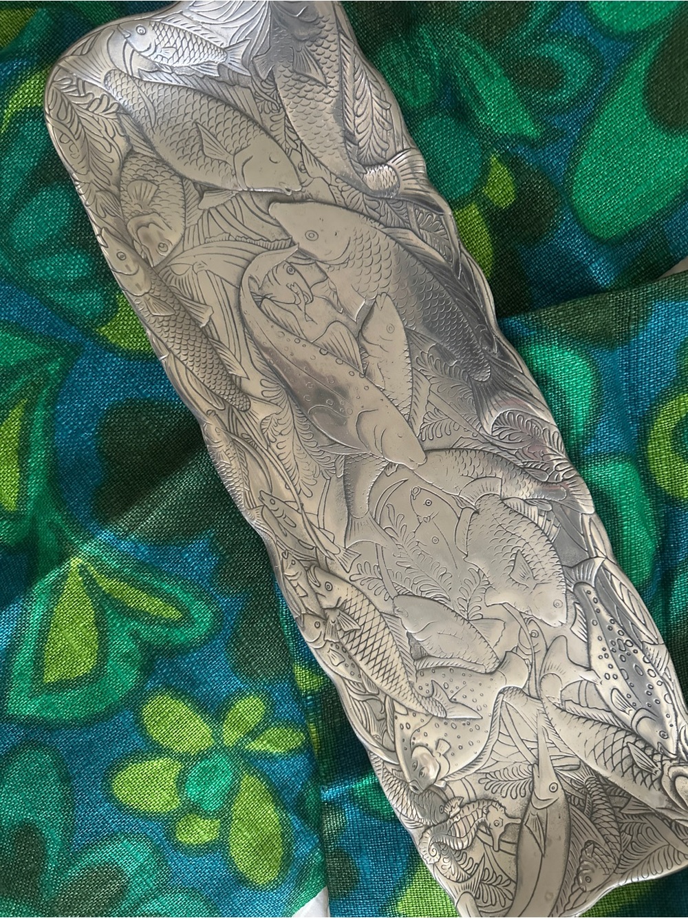 Engraved Silver Fish Motif Decorative Tray - Detailed Fish Scene
